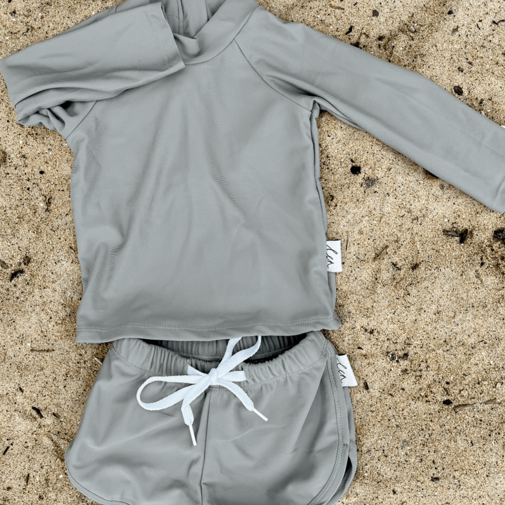 Baby and toddler rashguard swim set in grey with large zip