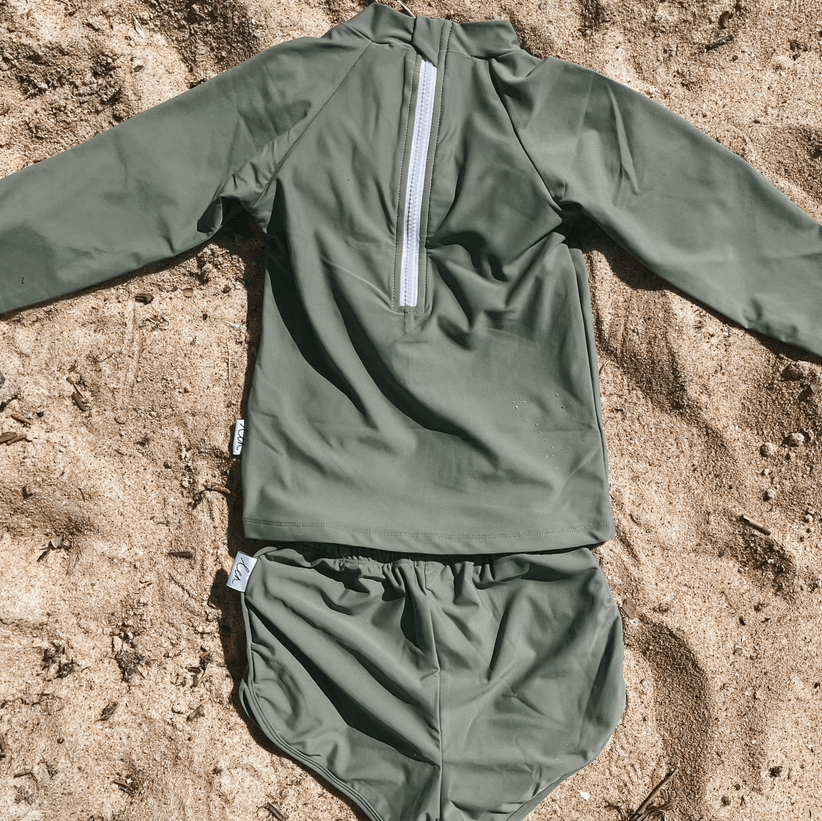 Childrens olive rash guard top and swim short